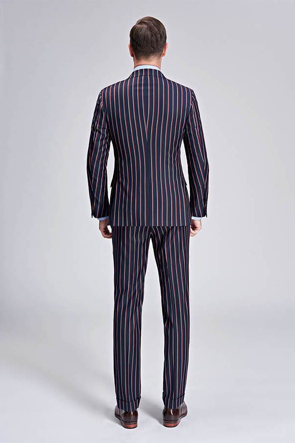 Bespoke Stripes Dark Navy Mens Suits Peak Lapel Three Flap Pockets Suits for Men