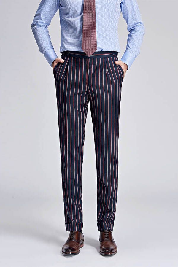 Bespoke Stripes Dark Navy Mens Suits Peak Lapel Three Flap Pockets Suits for Men