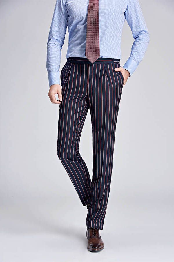 Bespoke Stripes Dark Navy Mens Suits Peak Lapel Three Flap Pockets Suits for Men