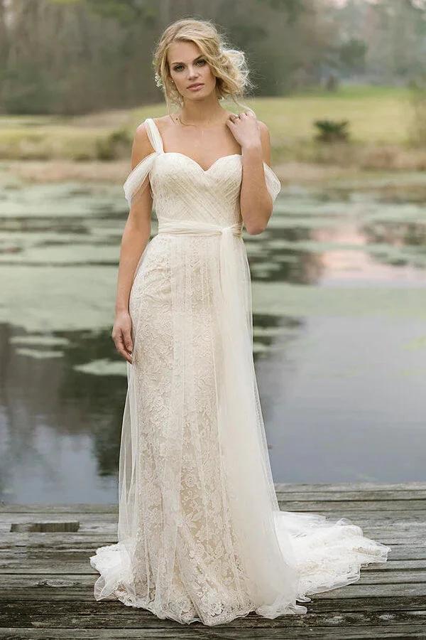 Best Long Sheath Lace Tulle Wedding Dress (ZD14369)