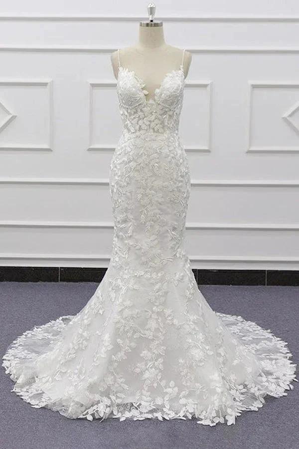 Best Spaghetti Strap Appliques Mermaid Wedding Dress by misshow.com