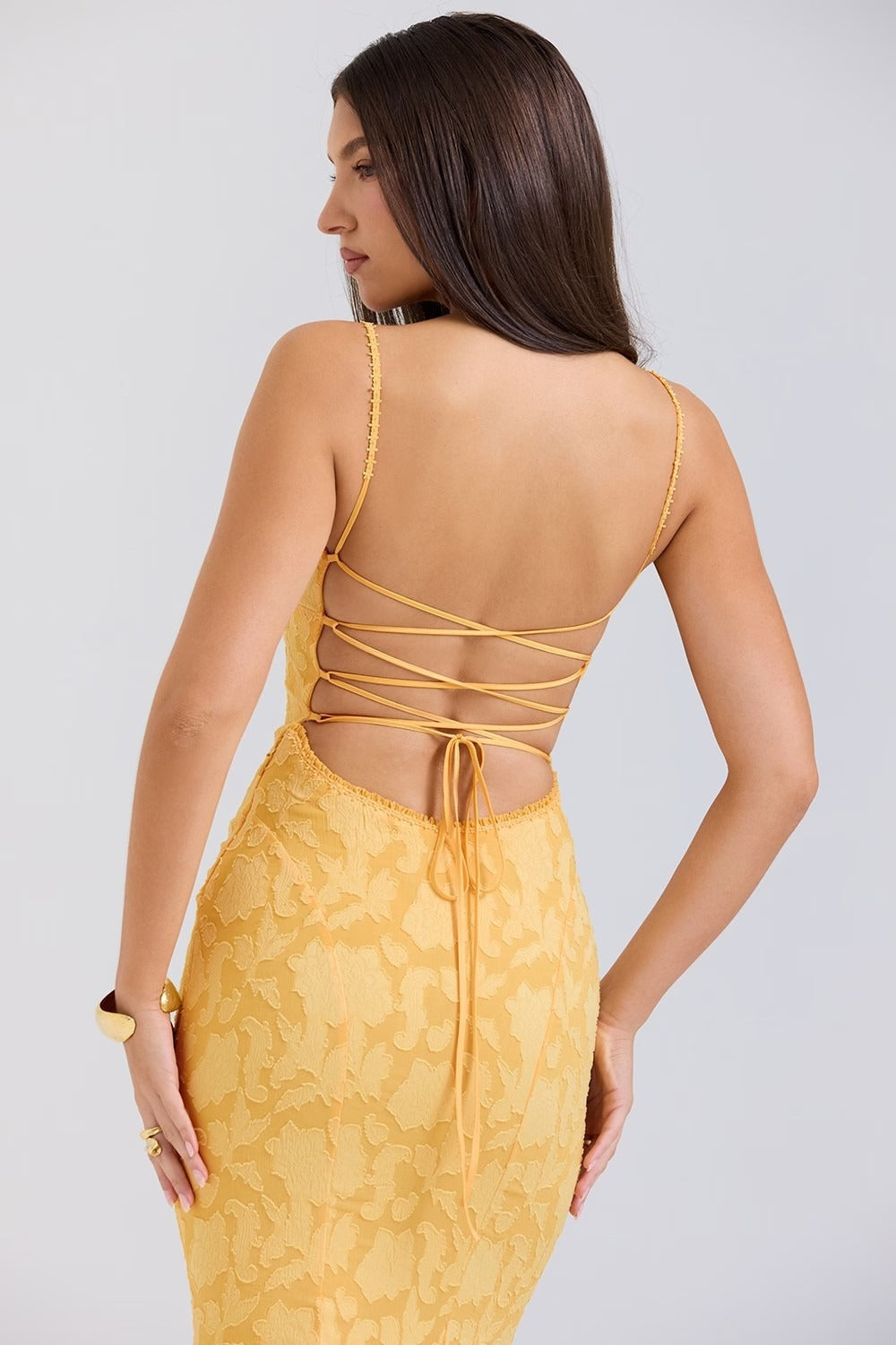 Jacquard Mermaid Cami Maxi Lace Dress - View 11 | VelvetHem