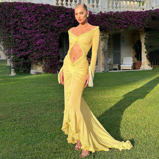 2024 Spring Solid Color Long Sleeve Mesh See Through Low Cut Sexy Floor Tassel Evening Dress - VelvetHem