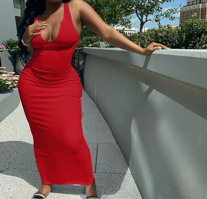Ribbed Stripe Sleeveless V-neck Midi Dress - View 2 | VelvetHem