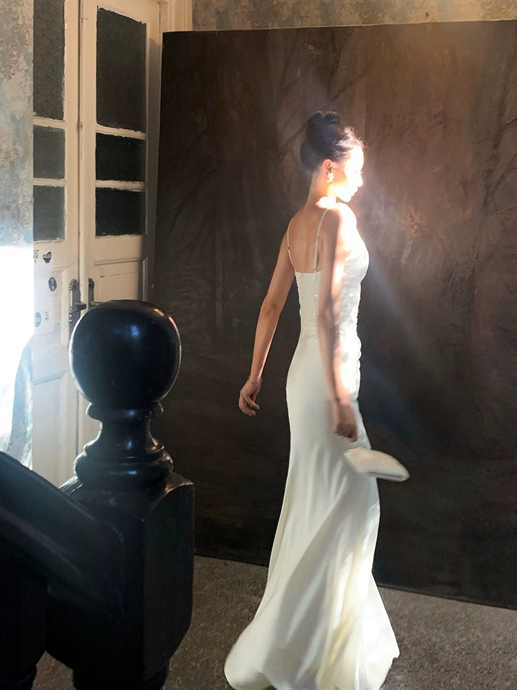 White Sheath Long Prom Dress Sequin Spaghetti Straps Evening Dress