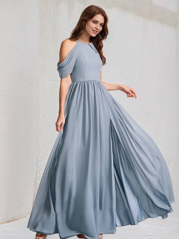 Dusty Blue A-Line High Neck Floor-Length Chiffon Bridesmaid Dress