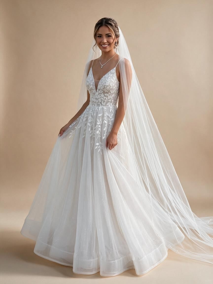 Spaghetti Strap V-Neck Lace Wedding Dress with Leaf Embroidery | ZapDress - VelvetHem