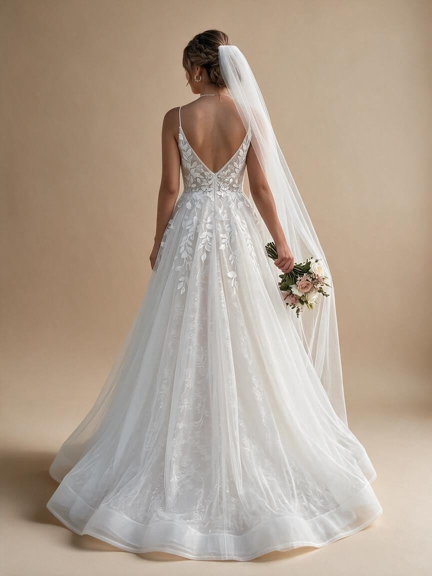 Spaghetti Strap V-Neck Lace Wedding Dress with Leaf Embroidery | ZapDress