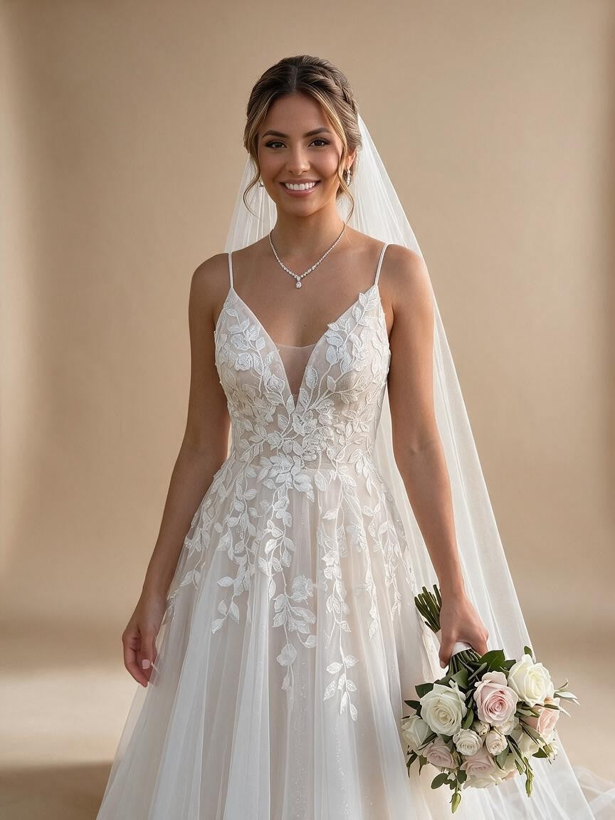 Spaghetti Strap V-Neck Lace Wedding Dress with Leaf Embroidery | ZapDress