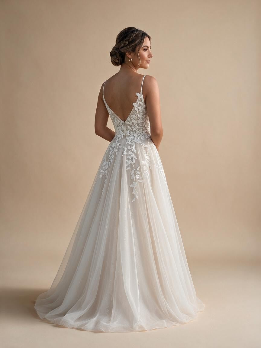 Spaghetti Strap V-Neck Lace Wedding Dress with Leaf Embroidery | ZapDress