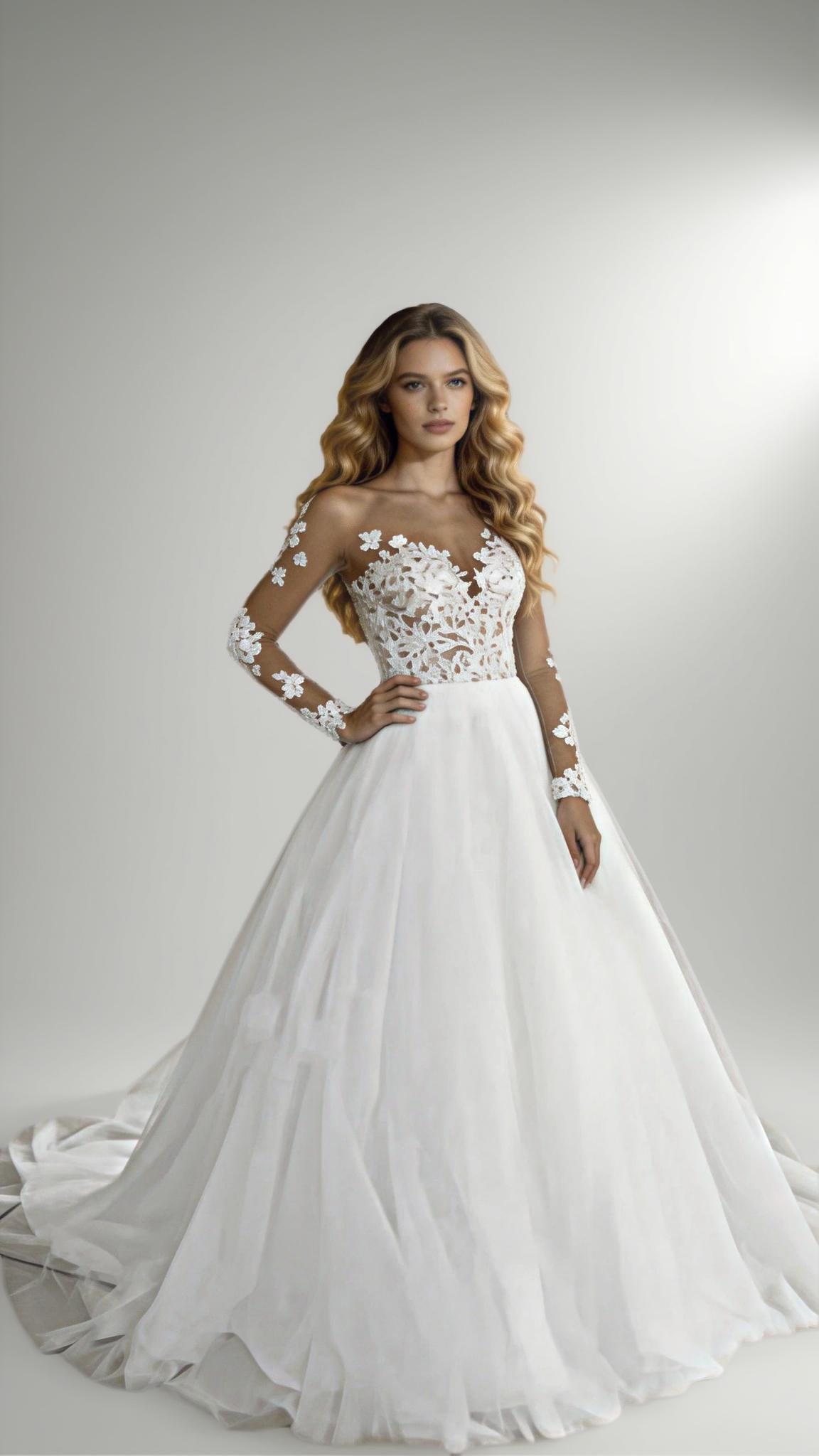 2025 Illusion Scoop Long Sleeve Wedding Dresses Lace Appliques Sheer Back White/ Ivory Tulle Wedding Dress Lace Wedding Gowns (ZD13288) - View 4 | VelvetHem