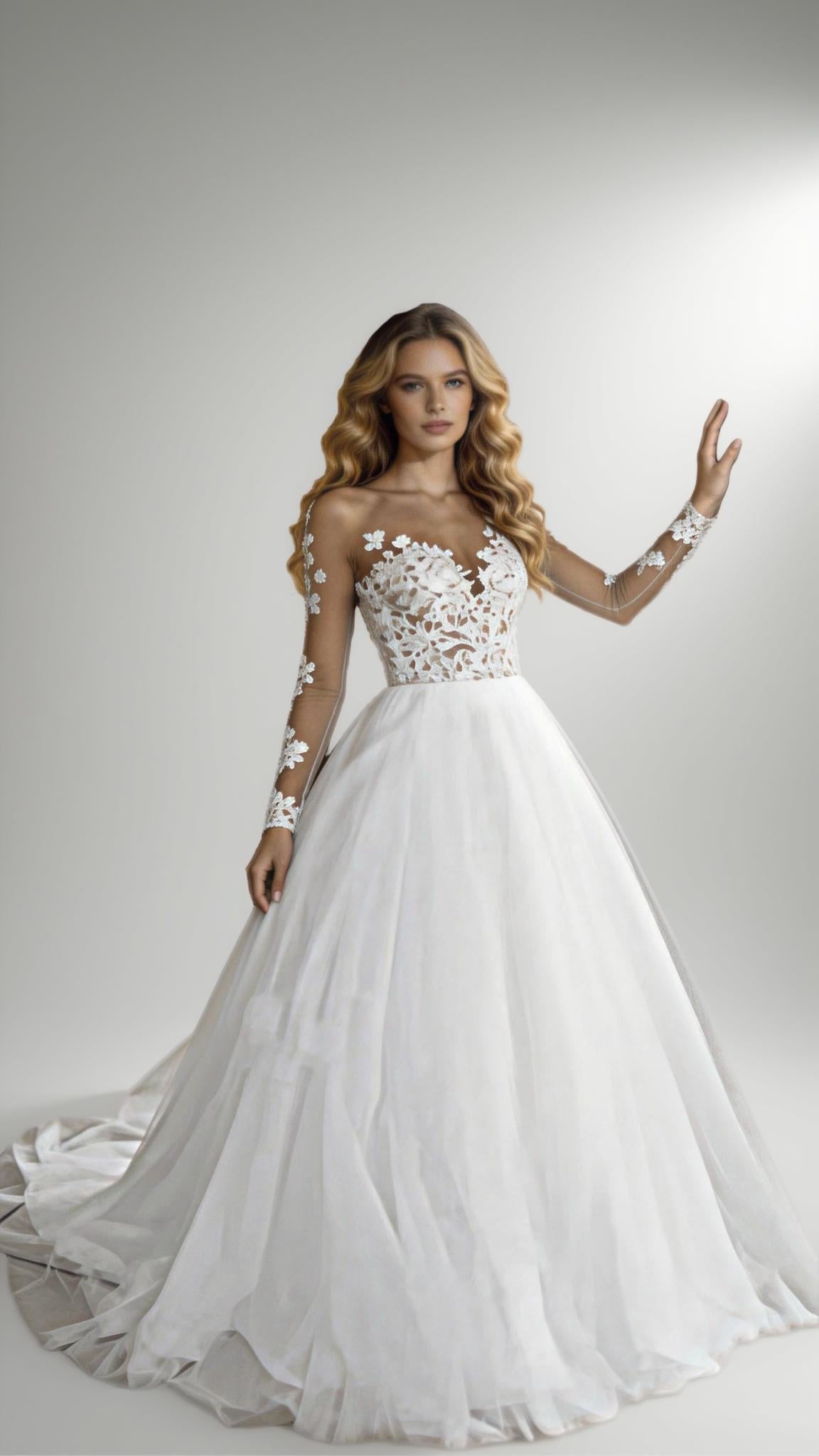 2025 Illusion Scoop Long Sleeve Wedding Dresses Lace Appliques Sheer Back White/ Ivory Tulle Wedding Dress Lace Wedding Gowns (ZD13288) - View 5 | VelvetHem