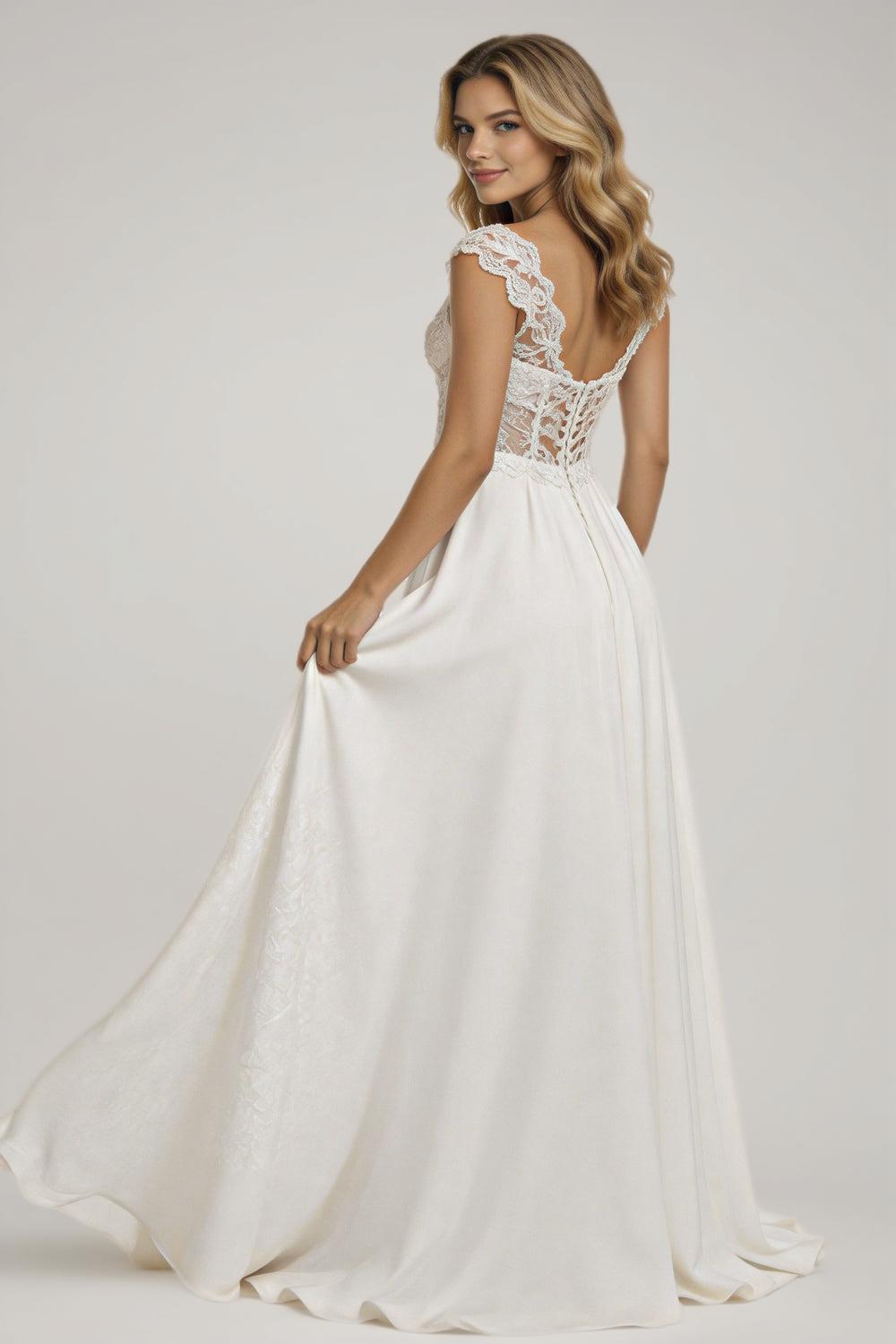 Modern V-Neck Wedding Dresses Lace Appliques Chiffon Backless Boho A-Line Bride Gown Backless Sweep Train Vestido de novia (ZD14088)