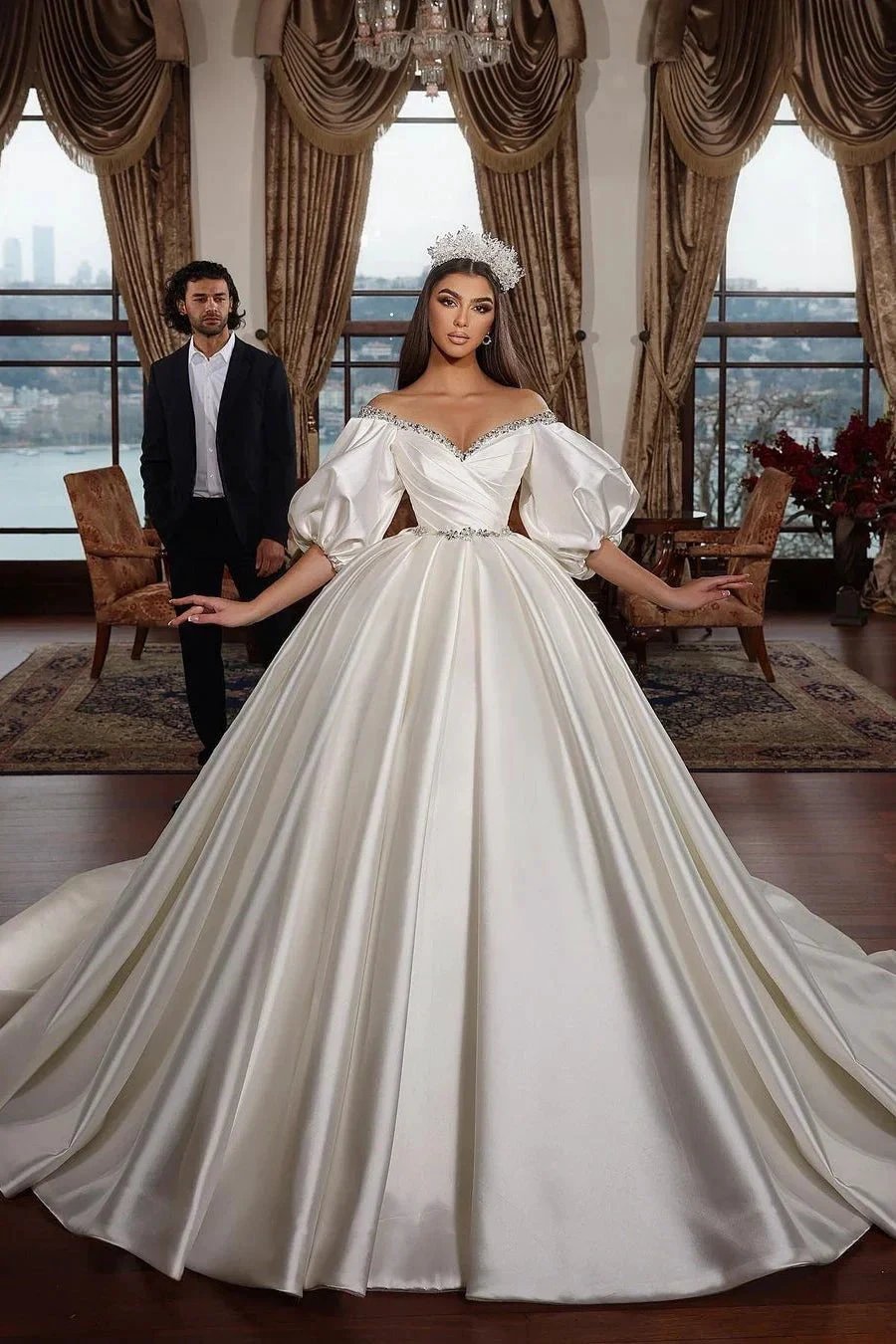 Biztunnel Ivory Long Ball Gown Off the Shoulder Satin Wedding Dress With Sleeves (ZD16717)