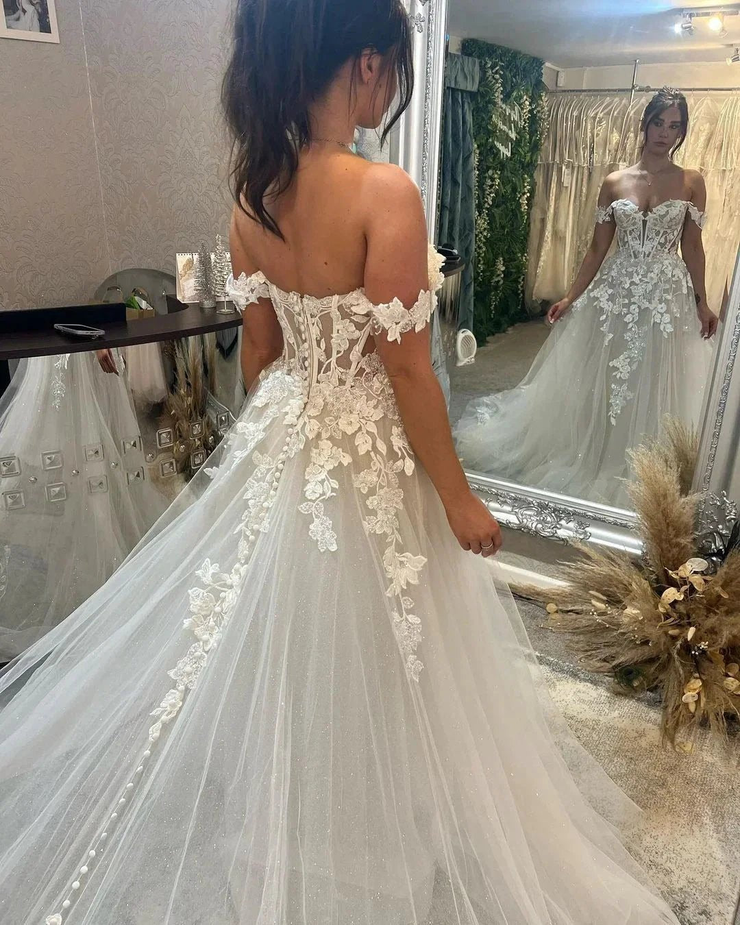 Biztunnel Long A-line Off the Shoulder Tulle Lace Wedding Dresses with Train (ZD16718)