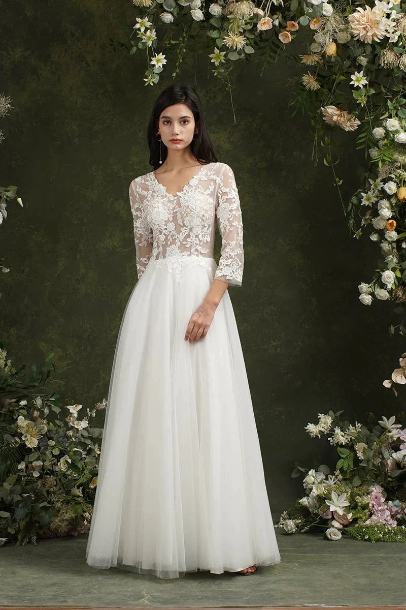 Biztunnel Long A-line Sweetheart Chiffon Lace Wedding Dresses with Sleeves (ZD16714)