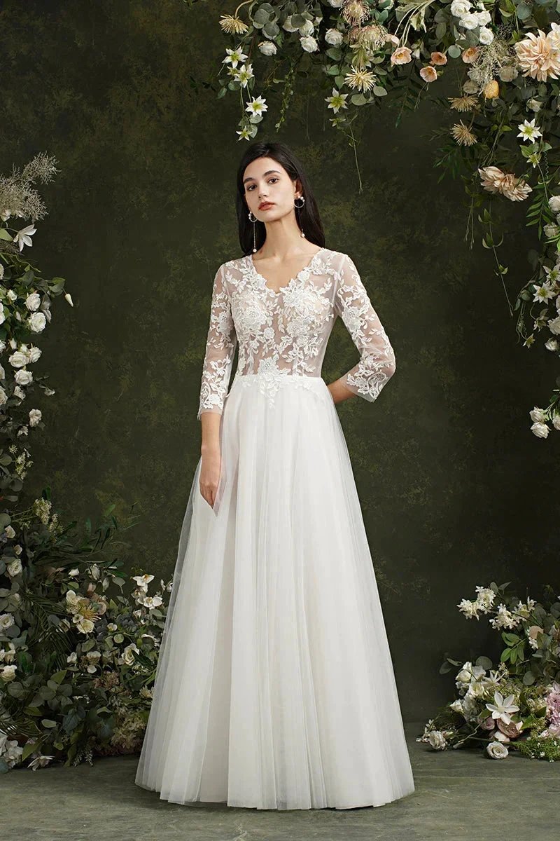 Biztunnel Long A-line Sweetheart Chiffon Lace Wedding Dresses with Sleeves (ZD16714)
