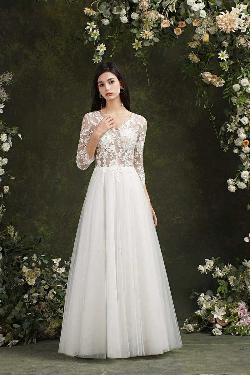 Biztunnel Long A-line Sweetheart Chiffon Lace Wedding Dresses with Sleeves (ZD16714)