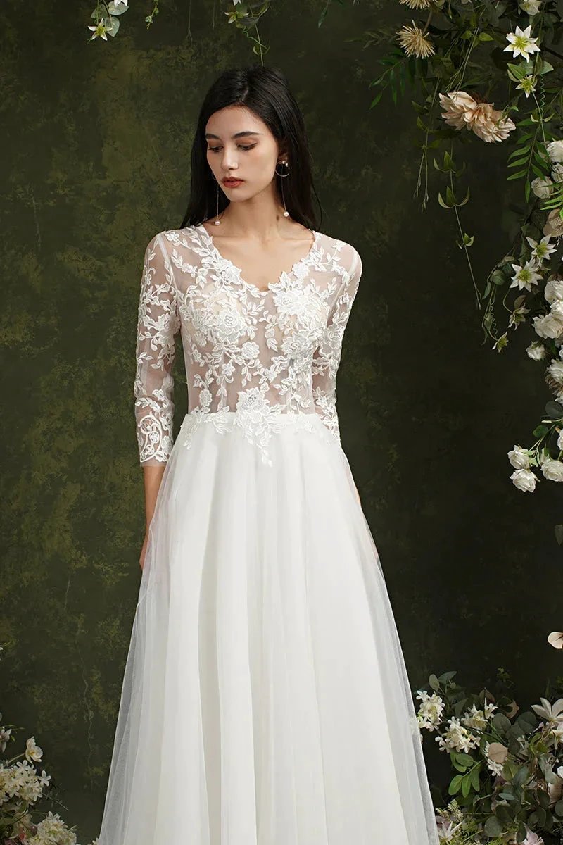 Biztunnel Long A-line Sweetheart Chiffon Lace Wedding Dresses with Sleeves (ZD16714)