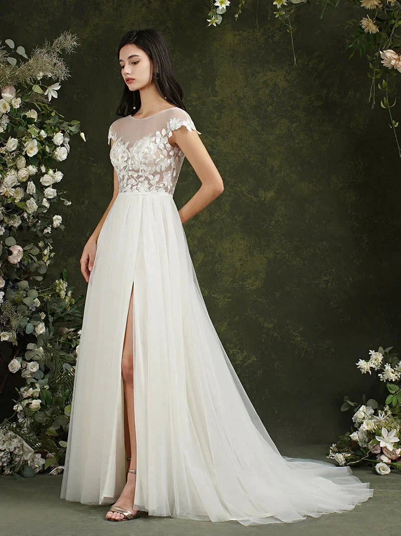 Biztunnel Long A-line Sweetheart Chiffon Lace Wedding Dresses with slit (ZD16715)