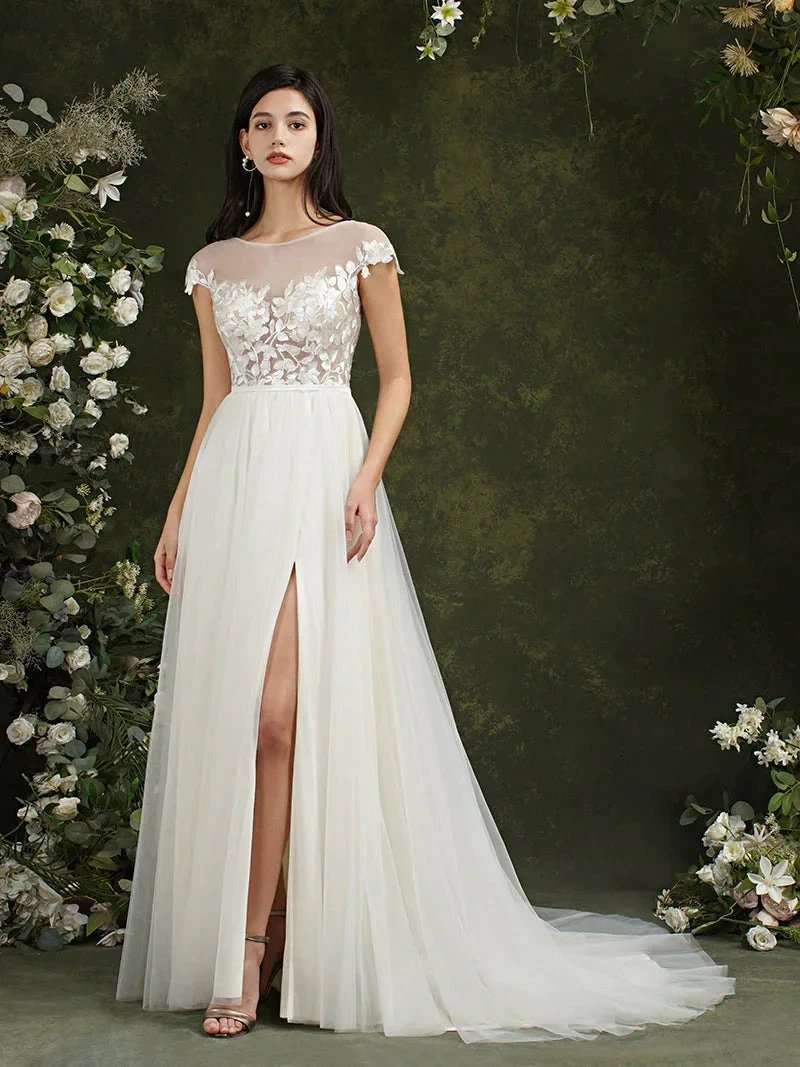 Biztunnel Long A-line Sweetheart Chiffon Lace Wedding Dresses with slit (ZD16715)