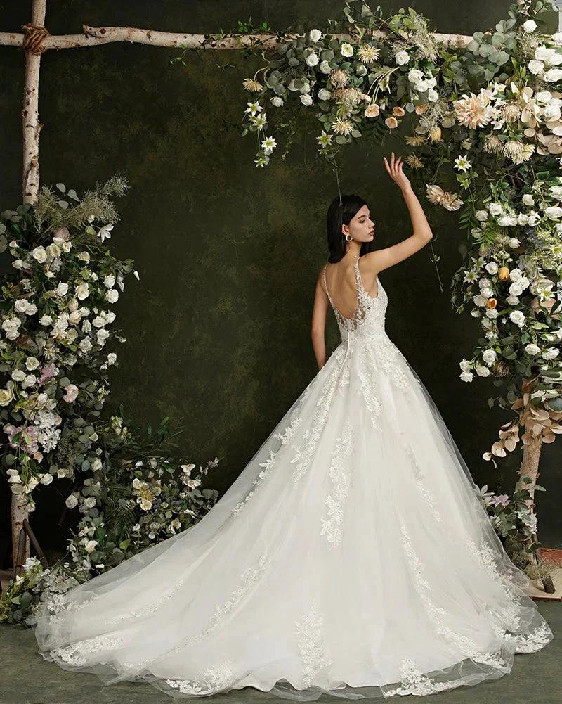 Biztunnel Long A-line V-neck Tulle Lace Backless Wedding Dresses (ZD16716)