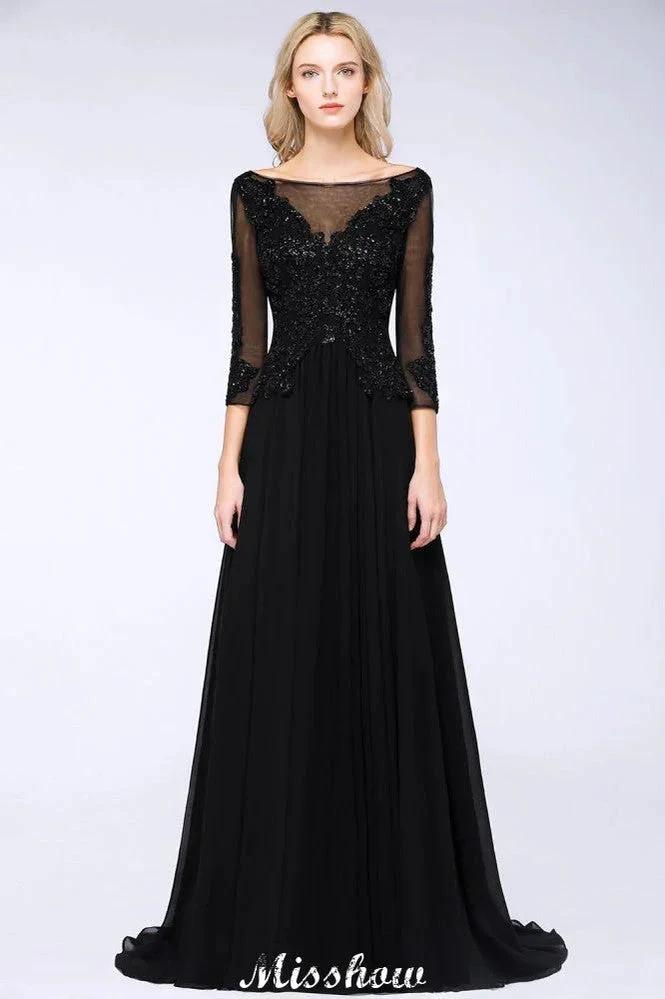 Black 3/4 Sleeves Beads A-Line Appliques Bridesmaid Dresses Tulle Party Dress (ZD12929)