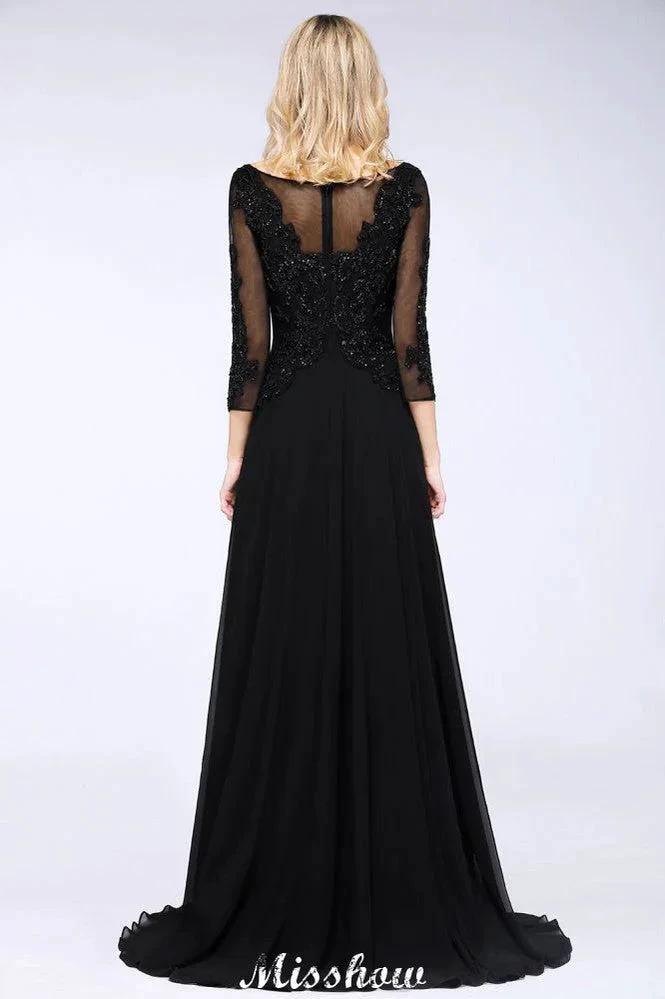 Black 3/4 Sleeves Beads A-Line Appliques Bridesmaid Dresses Tulle Party Dress (ZD12929)