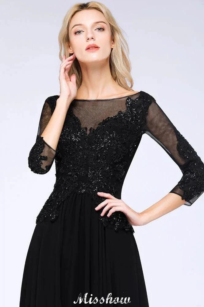Black 3/4 Sleeves Beads A-Line Appliques Bridesmaid Dresses Tulle Party Dress (ZD12929)