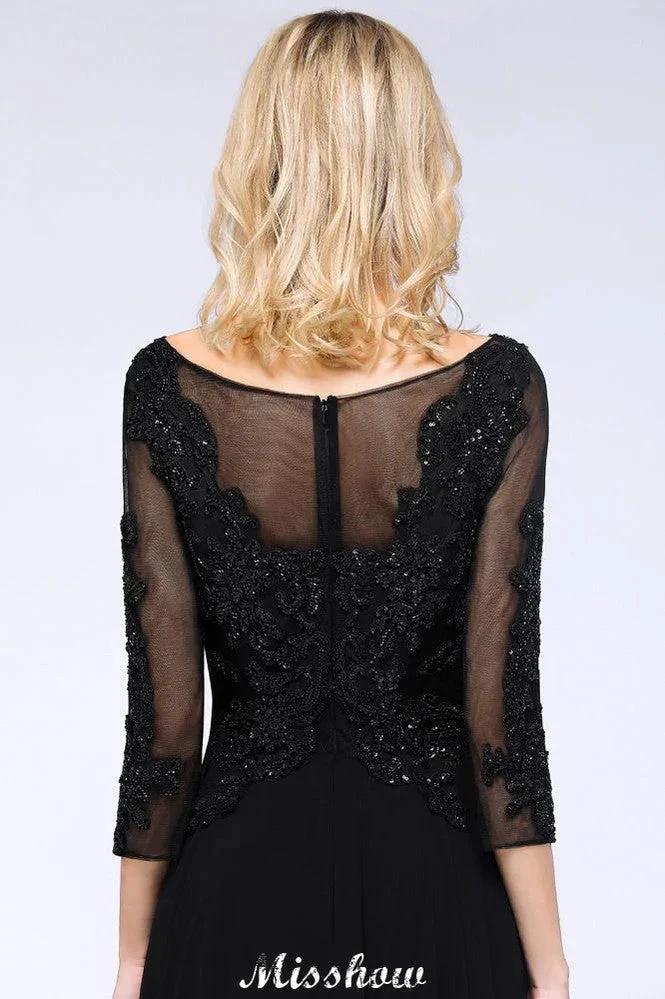 Black 3/4 Sleeves Beads A-Line Appliques Bridesmaid Dresses Tulle Party Dress (ZD12929)