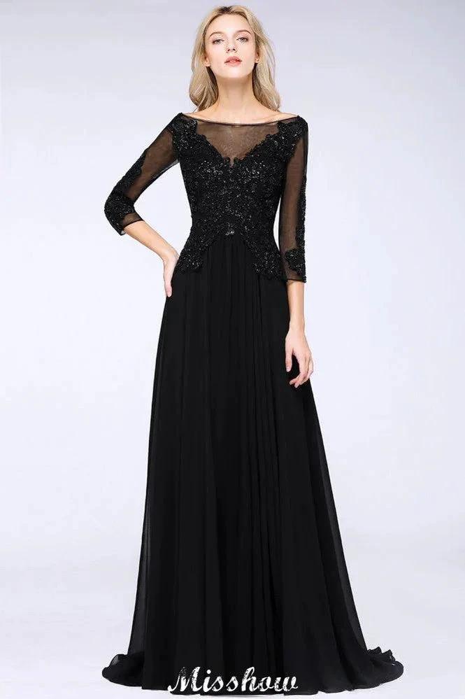Black 3/4 Sleeves Beads A-Line Appliques Bridesmaid Dresses Tulle Party Dress by misshow.com