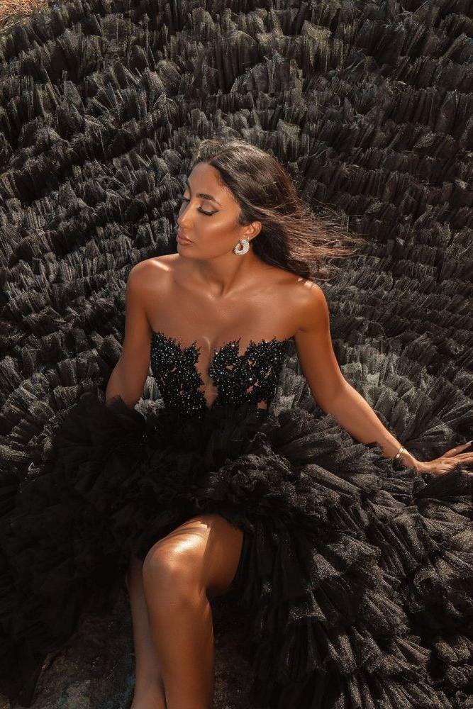 Black Beach Hi Lo Tulle Wedding Evening Gown Sleeveless lace