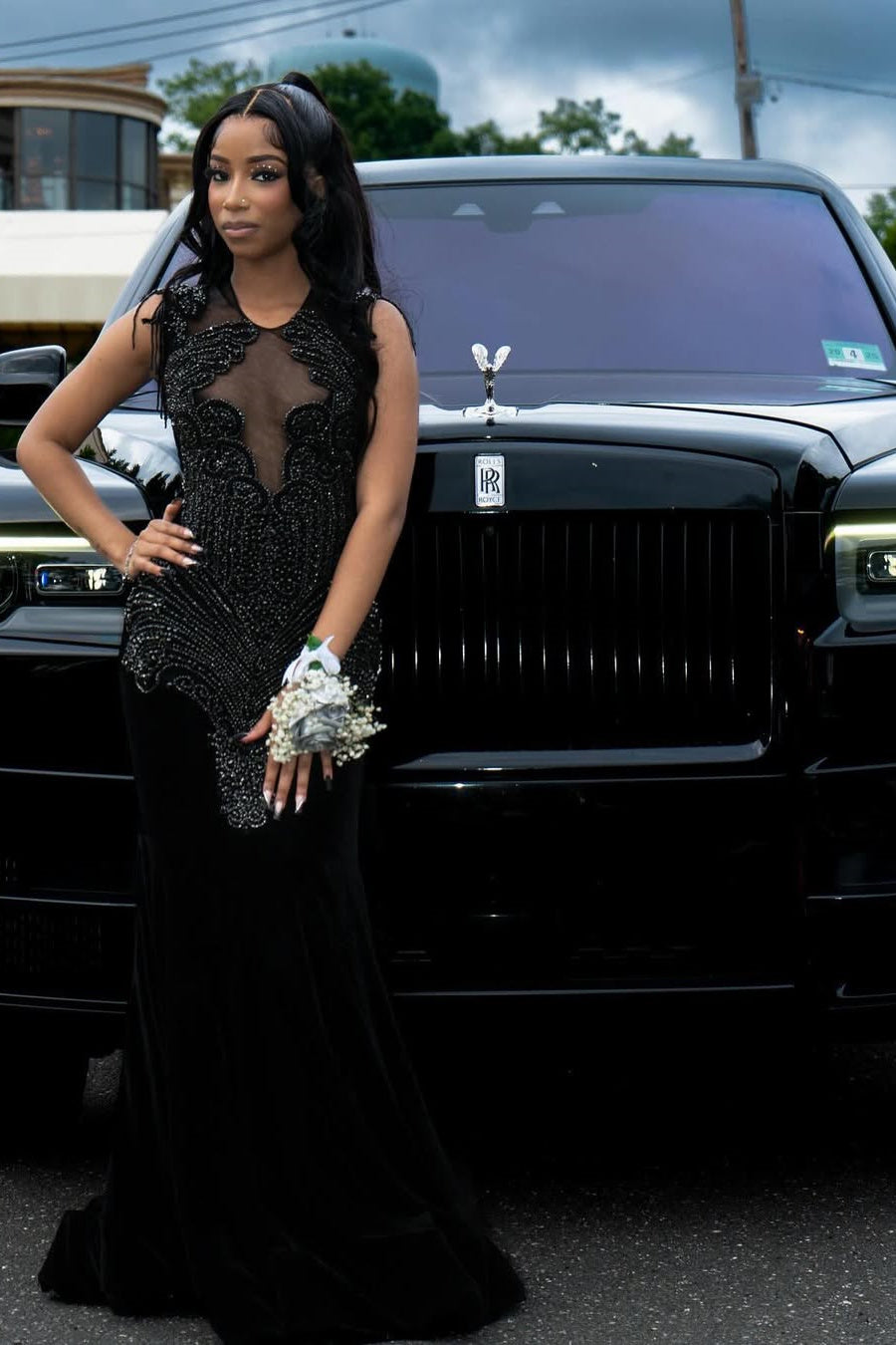 Black Beaded Sleeveless Round neck Mermaid Long Prom Dresses
