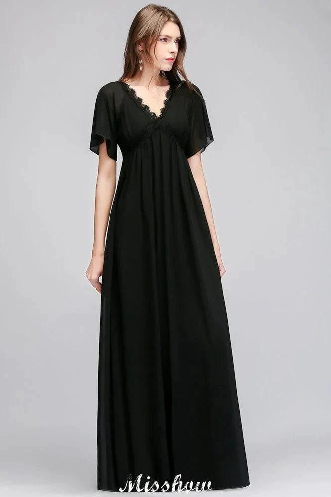 Black Chiffon A-line Bridesmaid Dress V-Neck Floor Length (ZD12921)