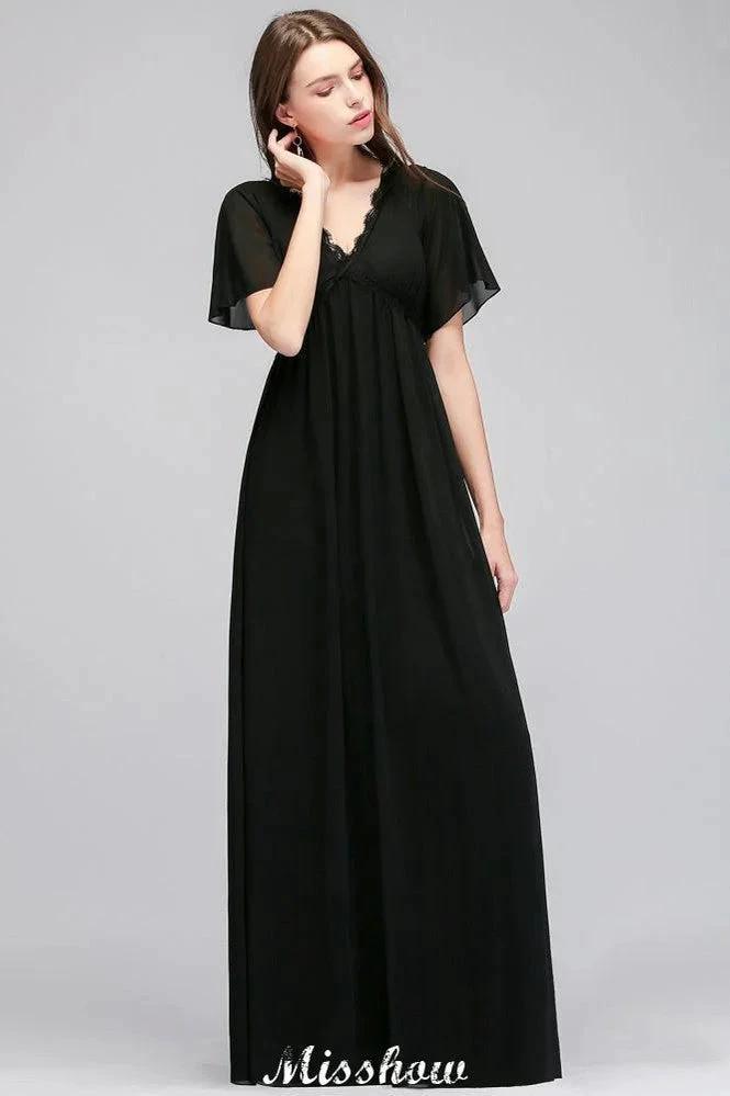 Black Chiffon A-line Bridesmaid Dress V-Neck Floor Length (ZD12921)