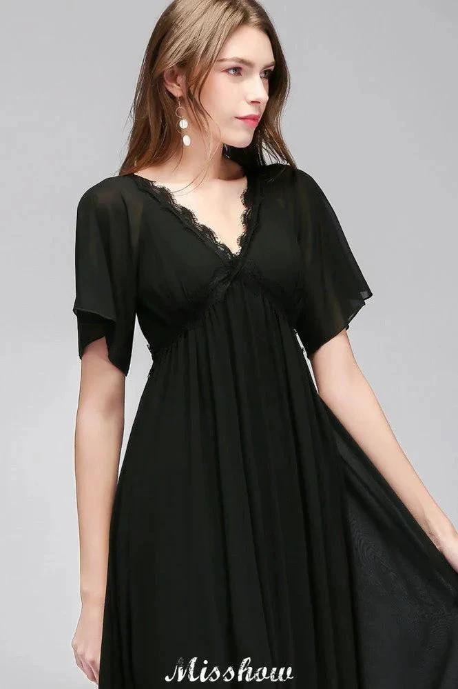Black Chiffon A-line Bridesmaid Dress V-Neck Floor Length (ZD12921)