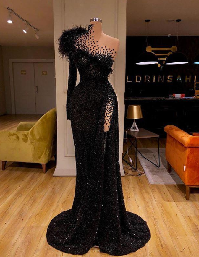 Black Prom Dress High Neck Side Split Long Sleeve Mermaid Prom Dresses Feather Beaded Sexy Special Occasion Gown