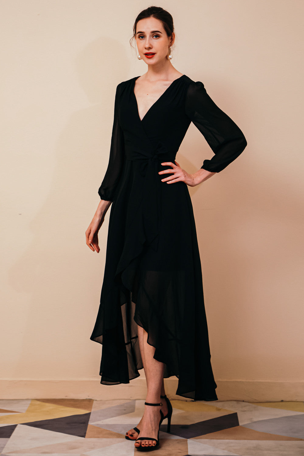 Black Long sleeves High-Low Chiffon Evening Dress