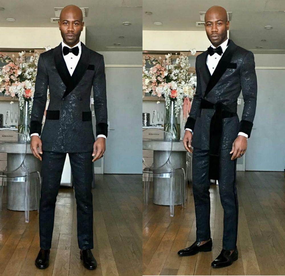 Black Shawl Lapel Double Breasted Slim-Fit Wedding Groom Suits