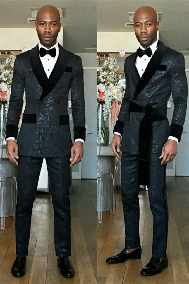Black Shawl Lapel Double Breasted Slim-Fit Wedding Groom Suits
