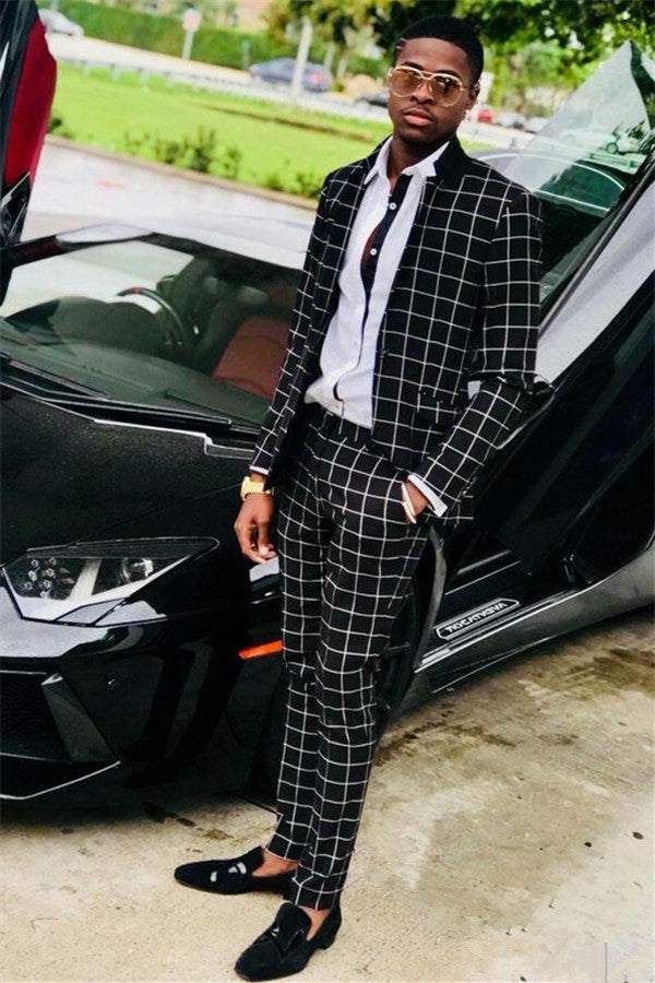 Black Slim-Fit Men Suits Plaid Prom Suit