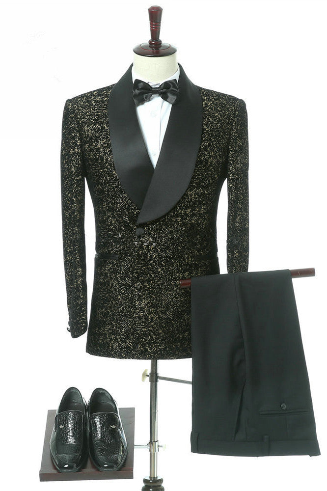 Black Slim-Fit Shawl Lapel Double Breasted Wedding Groom Suits