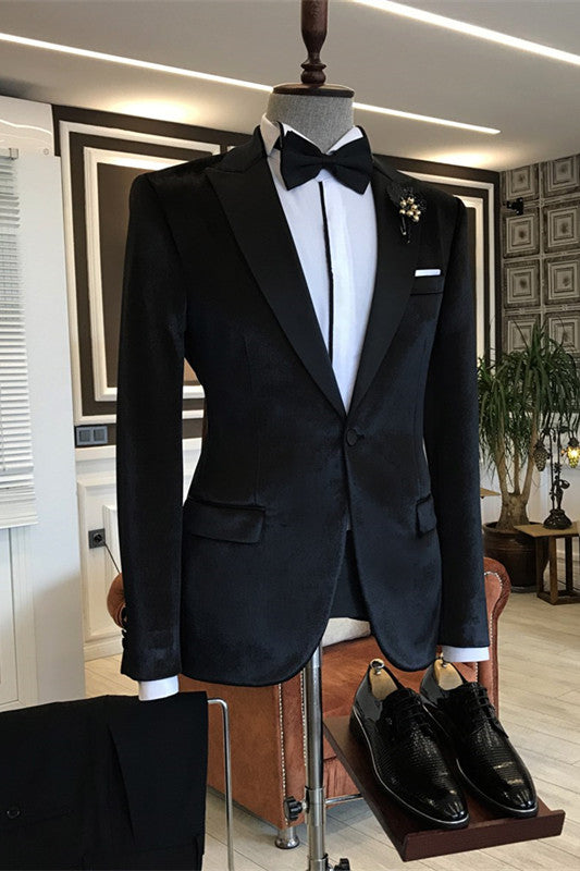 Black Velvet One Button Peaked Lapel Slim-Fit Men Suits
