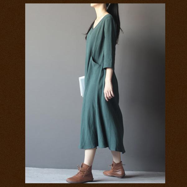 blackish green linen sundress cotton maxi dress