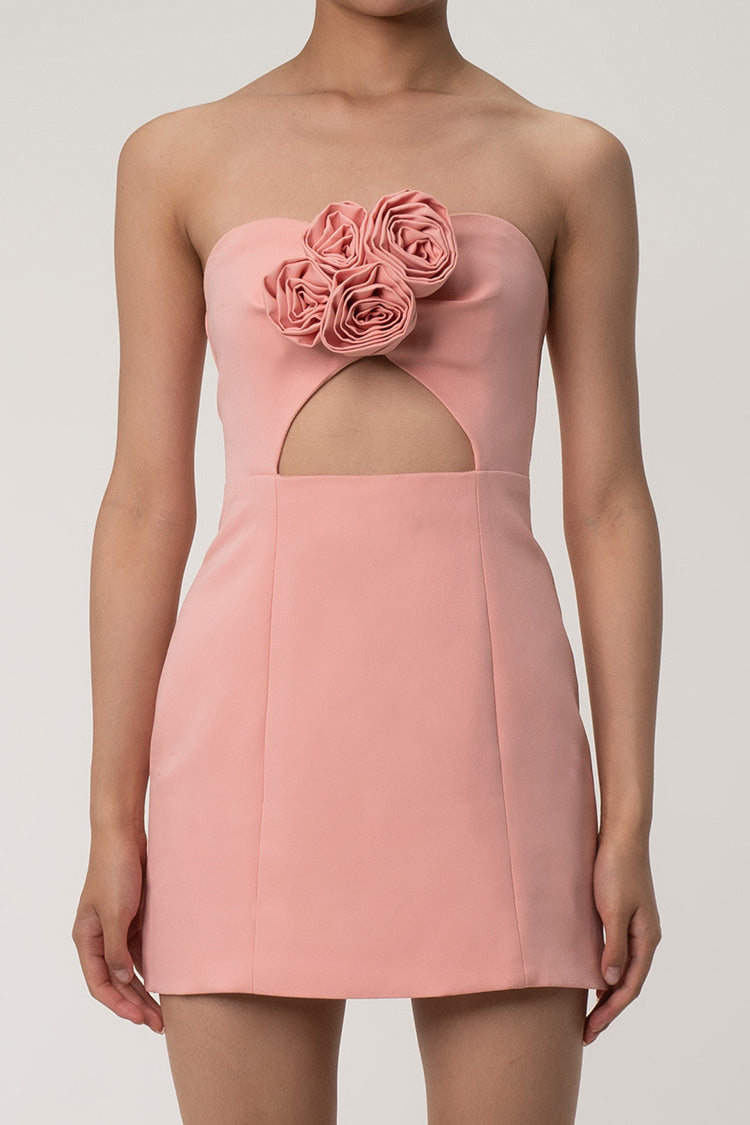 Bloom Rosette Applique Strapless Cutout Empire Waist A Line Party Mini Dress - Fashionpara