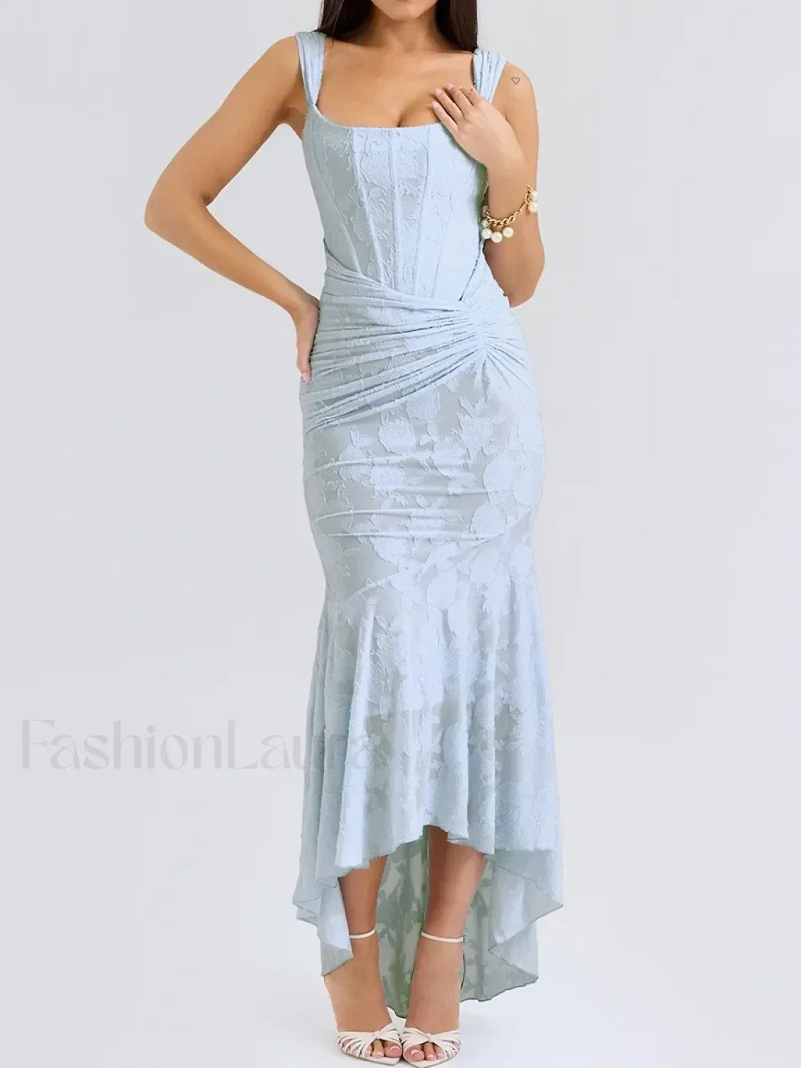 Blue Floral Gathered Maxi Dress