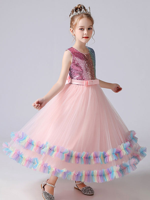 Blue Jewel Neck Tulle Sleeveless Ankle-Length Bows Kids Social Party Dresses Princess Dress