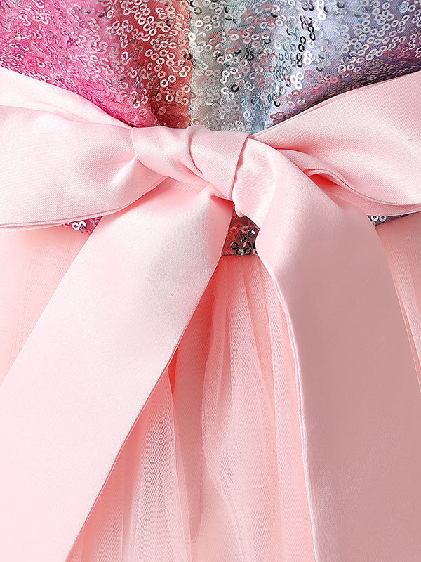 Blue Jewel Neck Tulle Sleeveless Ankle-Length Bows Kids Social Party Dresses Princess Dress