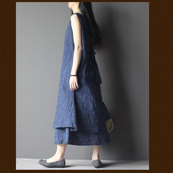 Blue Layered Cotton Summer Dress Long Maxi Sundress