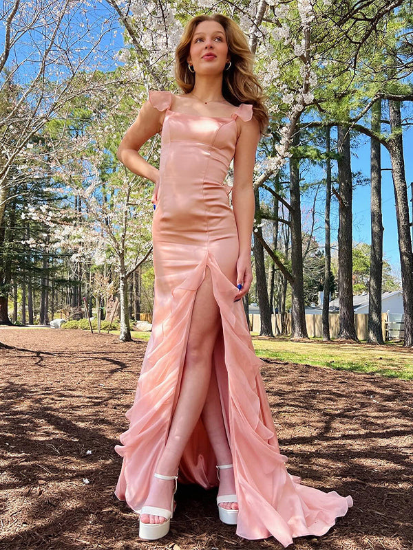 Blush Mermaid Spaghetti Straps Chiffon Long Prom Dress with Ruffles - FashionDia